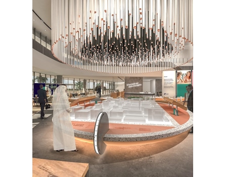 Our innovative concept for Sharjah's new neighbourhood, Aljada, designed by Zaha Hadid Architects, sales centre transcends the traditional focus on property transactions, evolving into a dynamic social hub that brings the community together. Design by Studio Königshausen.